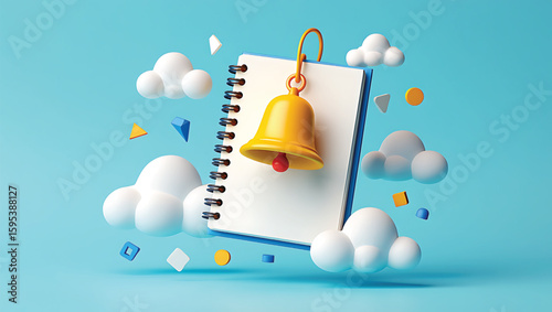 Yellow bell on spiral notebook surrounded by white clouds and geometric shapes ringing bell