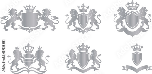 Silver lion crests and heraldic symbols shield crown
