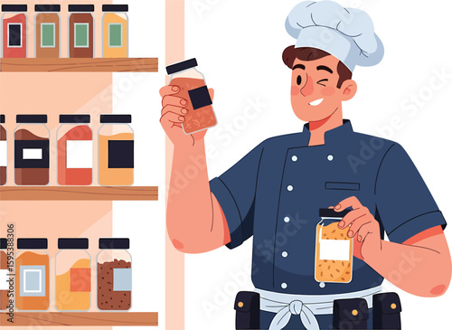 Cartoon chef in uniform winking, holding spice jars in a kitchen with shelves full of various spices.