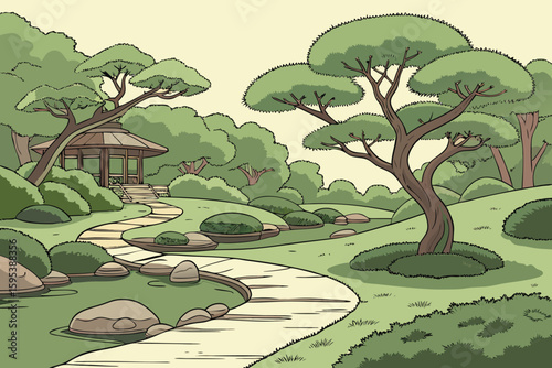  A lush, tranquil Japanese garden with winding paths, carefully manicured bonsai trees, and serene ponds surrounded by verdant foliage, digital art, cinematic lighting, intricate details, hyper-reali