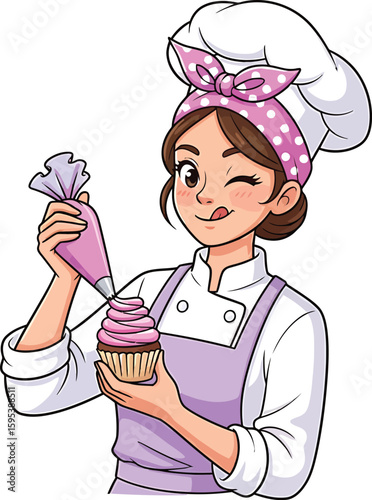 A smiling female baker decorating a cupcake with pink frosting, licking her lips.