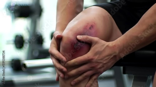 Gym injury man holds bleeding knee; weights blur