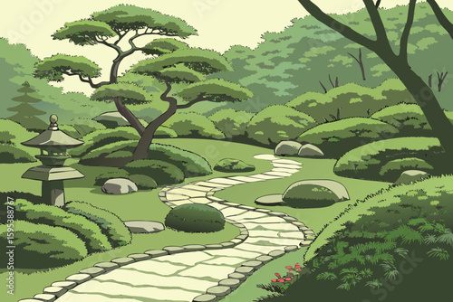  A lush, tranquil Japanese garden with winding paths, carefully manicured bonsai trees, and serene ponds surrounded by verdant foliage, digital art, cinematic lighting, intricate details, hyper-reali
