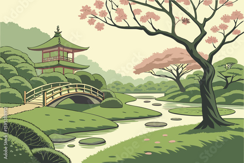  A lush, tranquil Japanese garden with winding paths, carefully manicured bonsai trees, and serene ponds surrounded by verdant foliage, digital art, cinematic lighting, intricate details, hyper-reali