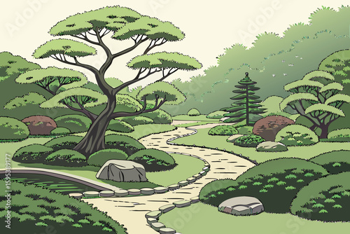  A lush, tranquil Japanese garden with winding paths, carefully manicured bonsai trees, and serene ponds surrounded by verdant foliage, digital art, cinematic lighting, intricate details, hyper-reali