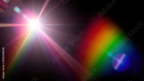 Blurred rainbow refraction overlay effect. Light lens prism effect on black background. Holographic reflection, crystal flare leak shadow overlay. Colorful rainbow disco ball light