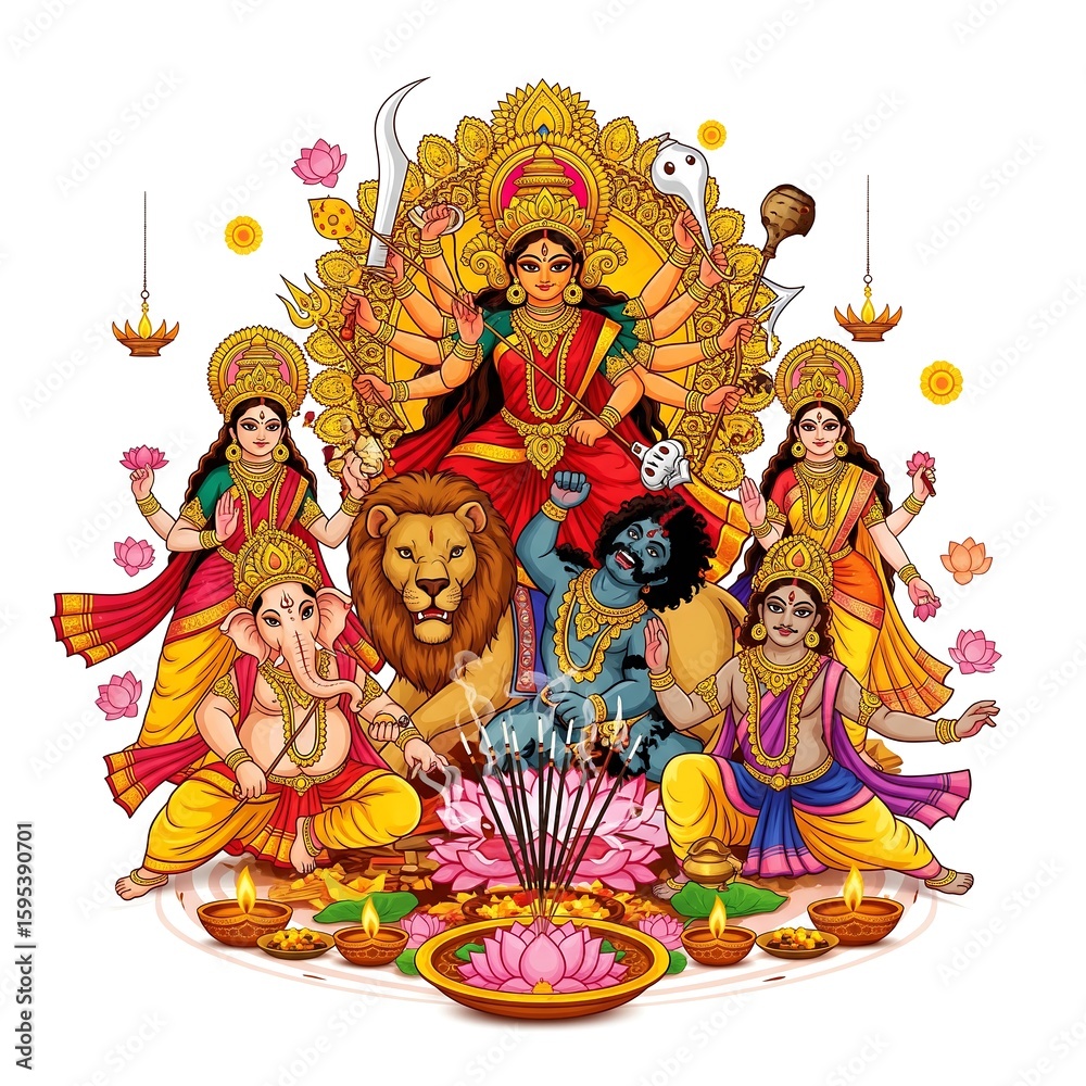 Fototapeta premium Hindu goddess durga and family in festive celebration