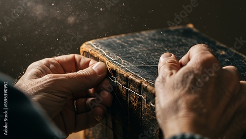 hands carefully sewing an old book