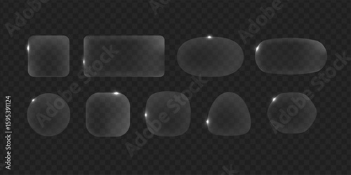 Liqiud glass panel different shapes. Transparent glass icon. Glass frames transparent. Ui and Ux glossy design