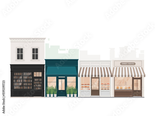 Charming Street Scene with Bookstore Boutique and Bakeries in a Quaint Neighborhood Illustration