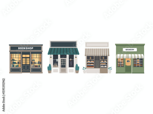 Row of Quaint Storefronts featuring a Bookshop a Boutique a Bakery and More in a Charming Architectural Style