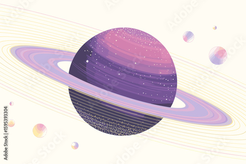 Abstract planet with rings and surrounding celestial bodies a dreamy space illustration with shades of purple and pink