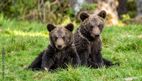 Two bear brothers are chilling on the grass.
