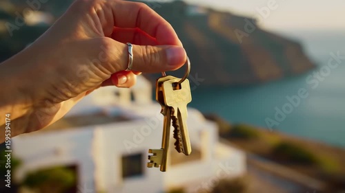 Hand holding house keys by the sea