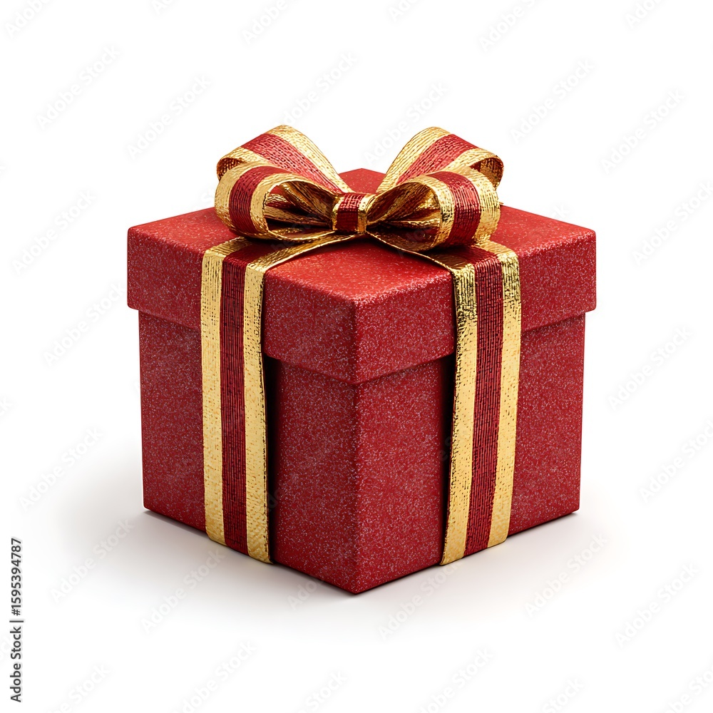Obraz premium A sparkling red gift box with a festive gold and red ribbon bow and streamers