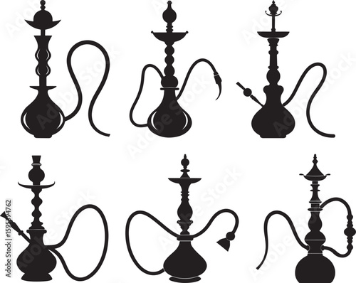 set of hookah silhouette, black and white silhouette, vector and illustration