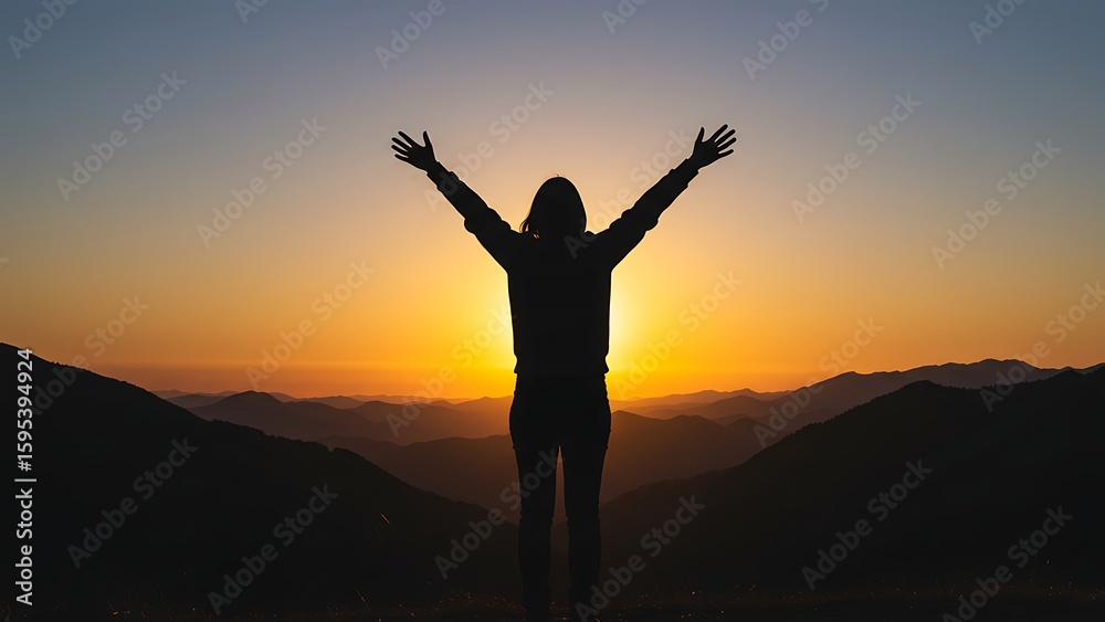 Fototapeta premium woman celebrating success with arms raised at sunset
