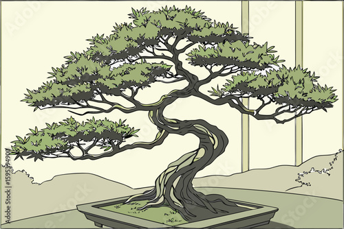  elegant bonsai tree, lush green foliage, twisted branches, realistic, highly detailed, cinematic lighting, 8k, award winning photograph