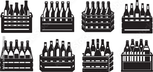 set of bottles crate silhouette, black and white silhouette, vector and illustration