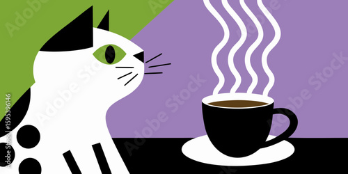 black cat with cup of coffee