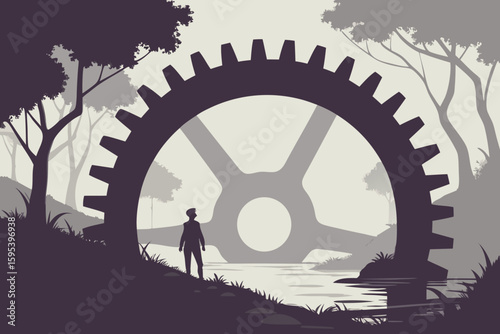  A massive mechanical gear arch rising from a serene, misty lake, a lone figure silhouetted against the backdrop, digital art, cinematic, dramatic lighting, moody, dark fantasy, 4k