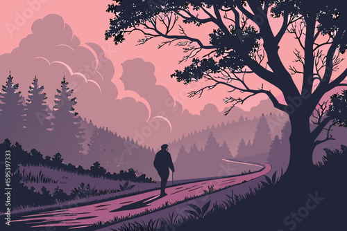 cinematic, moody, dramatic, atmospheric, mist, fog, cloudy sky, pink sky, silhouette, lone figure walking on road, dark forest, landscape, tranquil, digital art