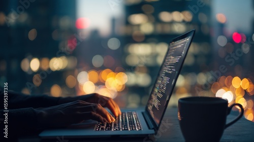 Person coding late at night with city lights
