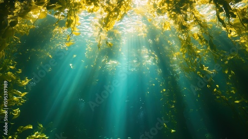 Serene ocean ecosystem with kelp forest illumination