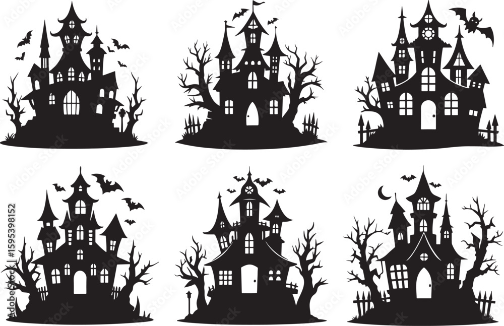 Fototapeta premium set of spooky haunted house silhouette, black and white silhouette, vector and illustration