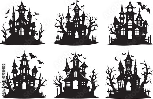 set of spooky haunted house silhouette, black and white silhouette, vector and illustration