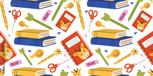 Back to school seamless pattern vector with school supplies. Repeating background featuring colorful cartoon-style educational items: notebooks with giraffe covers, scissors, glue sticks.
