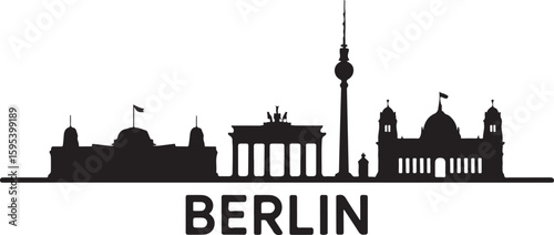 Black Silhouette Vector of Berlin Skyline — Includes Brandenburg Gate, Berlin TV Tower, and Reichstag. Minimalist Flat Design on White Background