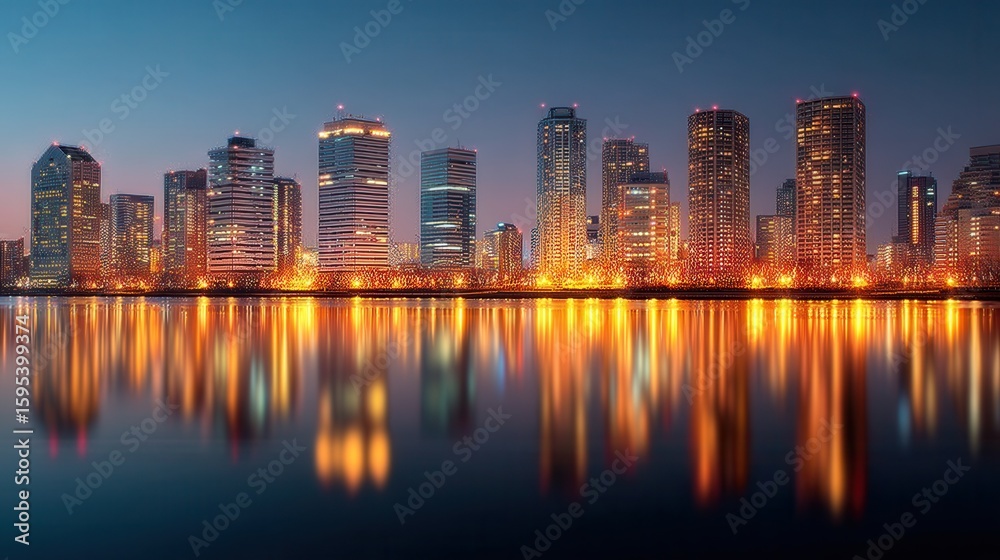 Fototapeta premium Glimmering skyscrapers reflect on the still waters of an evening metropolis