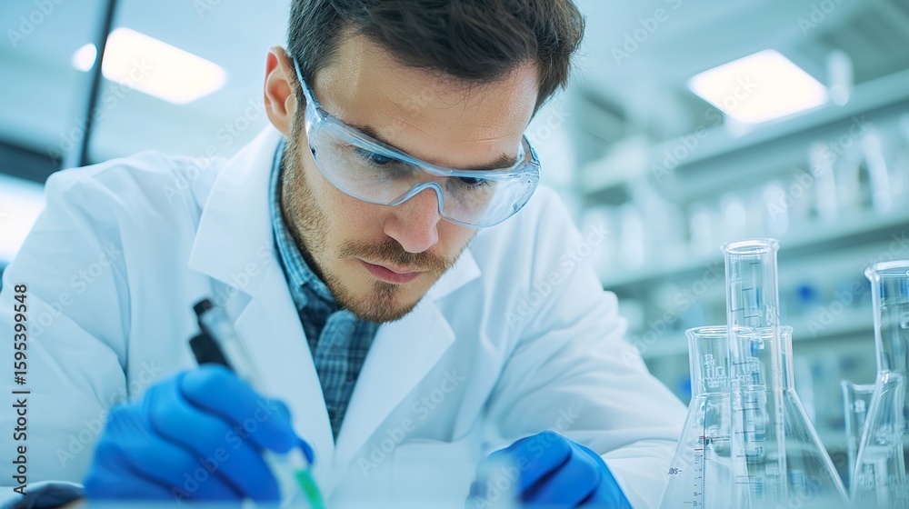 Scientist in a lab coat working with advanced equipment, research, discovery Scientist in a lab coat working with advanced equipment, research, discovery