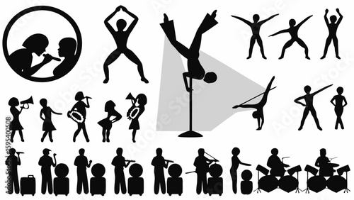 Silhouette illustrations depicting singers, dancers, musicians, and acrobats performing in various poses and styles