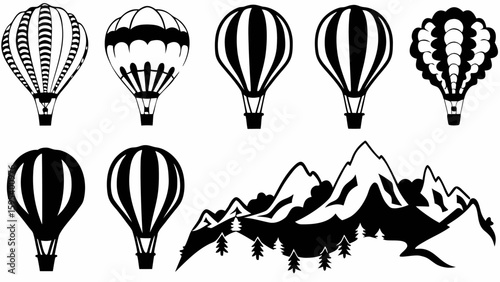 Illustration showing seven hot air balloons with different designs and a mountain range in black and white