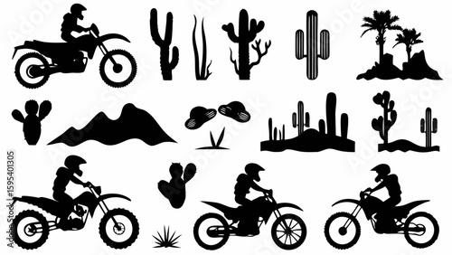 Silhouette of desert landscape with cactus mountains and motorcyclists riding dirt bikes on a white background