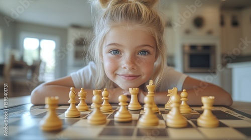 Adorable Girl Concentrating on a Chess Game