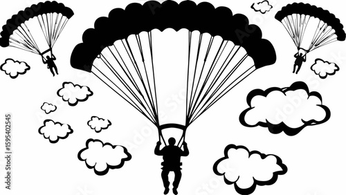 Illustration of three parachutists in the sky with clouds in a black and white monochrome design style