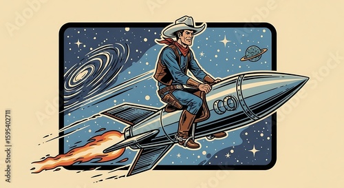 Retro Space Cowboy: A Whimsical Journey on a Rocket Through the Cosmos and Beyond