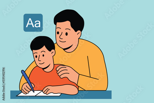 Father guiding son in writing practice Represents early childhood education parental support homeschooling and family involvement in kids learning process