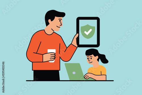 Father teaching child about internet safety and online protection Shows digital awareness parental guidance cybersecurity and family safe technology use