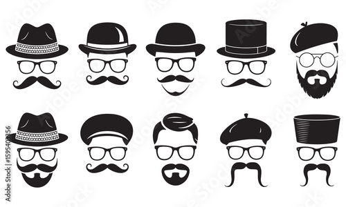 Black silhouette icons of men's hats glasses mustaches and beards male face