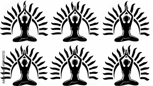 Seamless pattern of yoga position silhouettes with sun rays in black and white repeating meditation theme design