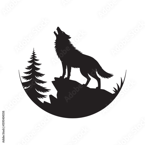 Black silhouette of a wolf howling on a rocky outcrop with a pine tree white
