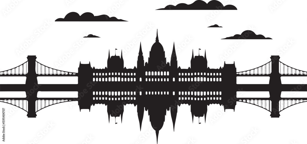 Fototapeta premium Black Silhouette Vector of Budapest Skyline — Includes Parliament Building and Chain Bridge. Elegant Architectural Cityscape on White Background
