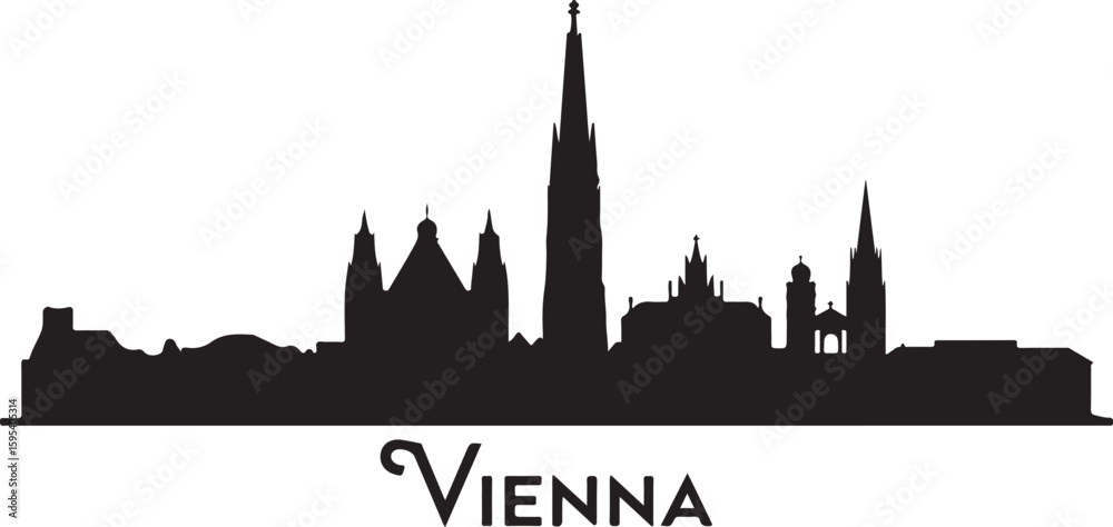 Naklejka premium Black Silhouette of Vienna Skyline Featuring St Stephens Cathedral and Historic Architecture in Classic European Cityscape on White Background