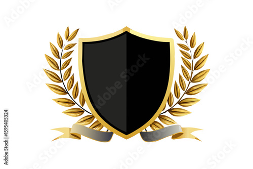 Elegant black shield with gold trim and laurel wreath for logo or heraldry design