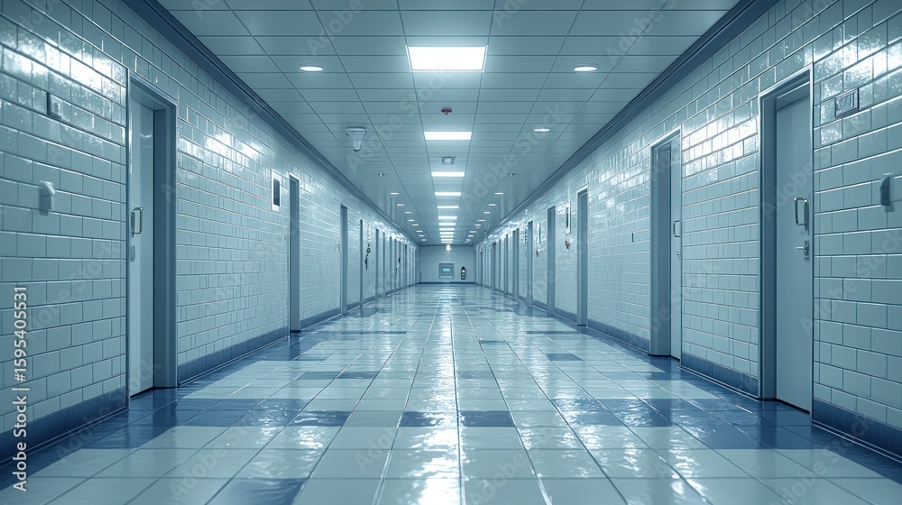 Fototapeta premium Long Hospital Corridor: A Sterile and Calm Atmosphere