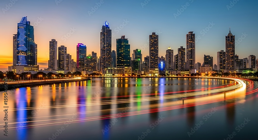 Obraz premium Panama City skyline at dusk with long exposure light trails reflecting on water
